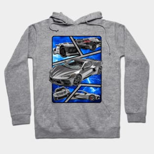 Multiple Angles of the Hypersonic Gray C8 Corvette Presented In A Bold Vibrant Panel Art Display Supercar Sports Car Racecar Torch Gray Corvette C8 Hoodie